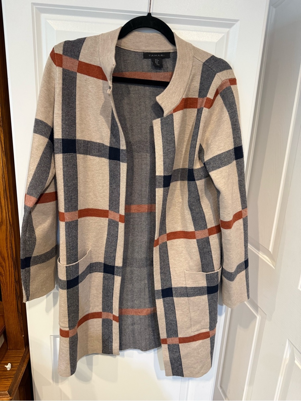 Tahari Beige Open Cardigan with Navy and Rust Stripes